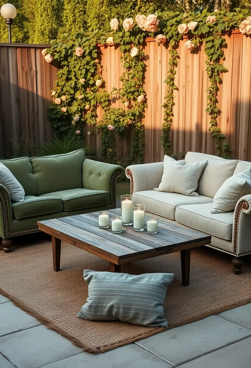 Cozy backyard lounge area with mismatched vintage sofas, woven rugs, throw pillows, a low coffee table, and candles in a garden setting for an engagement party