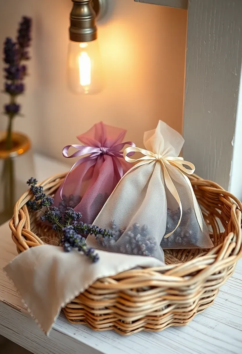 dried lavender sachets tied with satin ribbon arranged in a woven basket with a sprig of fresh lavender