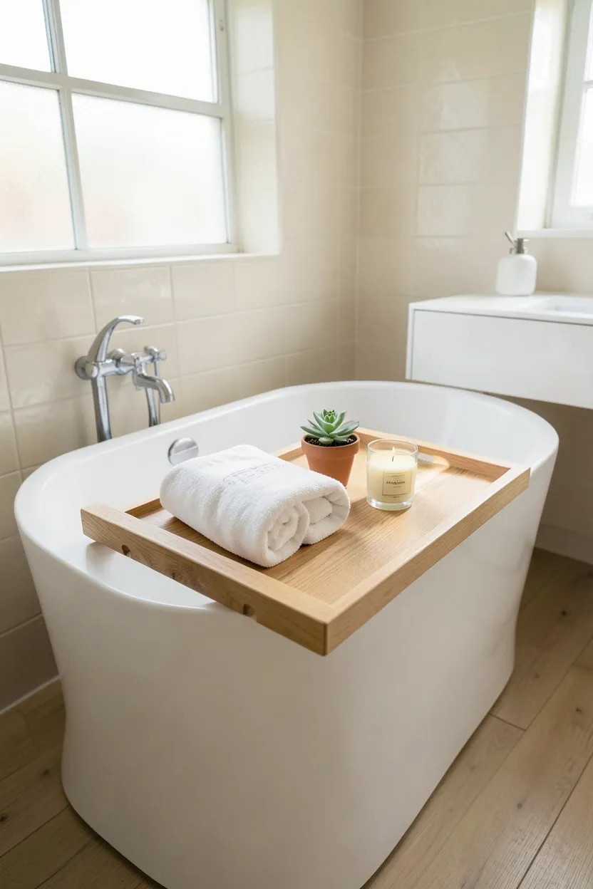 Hyper-realistic eye-level photograph of wooden bathtub tray in zen bathroom. White freestanding tub with wooden tray spanning width across tub. Tray in light oak wood with natural grain pattern. On tray: small glass of white wine, rolled white towel, small potted succulent, scented candle. Bathroom walls in pale cream ceramic tiles. Floor in light wood planks. Minimal floating white vanity. Soft natural morning light from frosted window. Atmosphere of relaxation and intentional luxury. Materials: oak wood, white ceramic, glass. Serene pampered mood. Focus on tray arrangement and details. No text, no logos, no watermarks.</p>