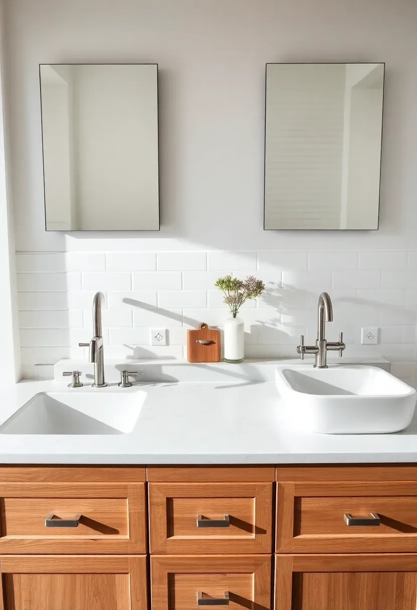 Wide wooden double vanity with two undermount sinks and a stack of soft-close drawers running down the center
