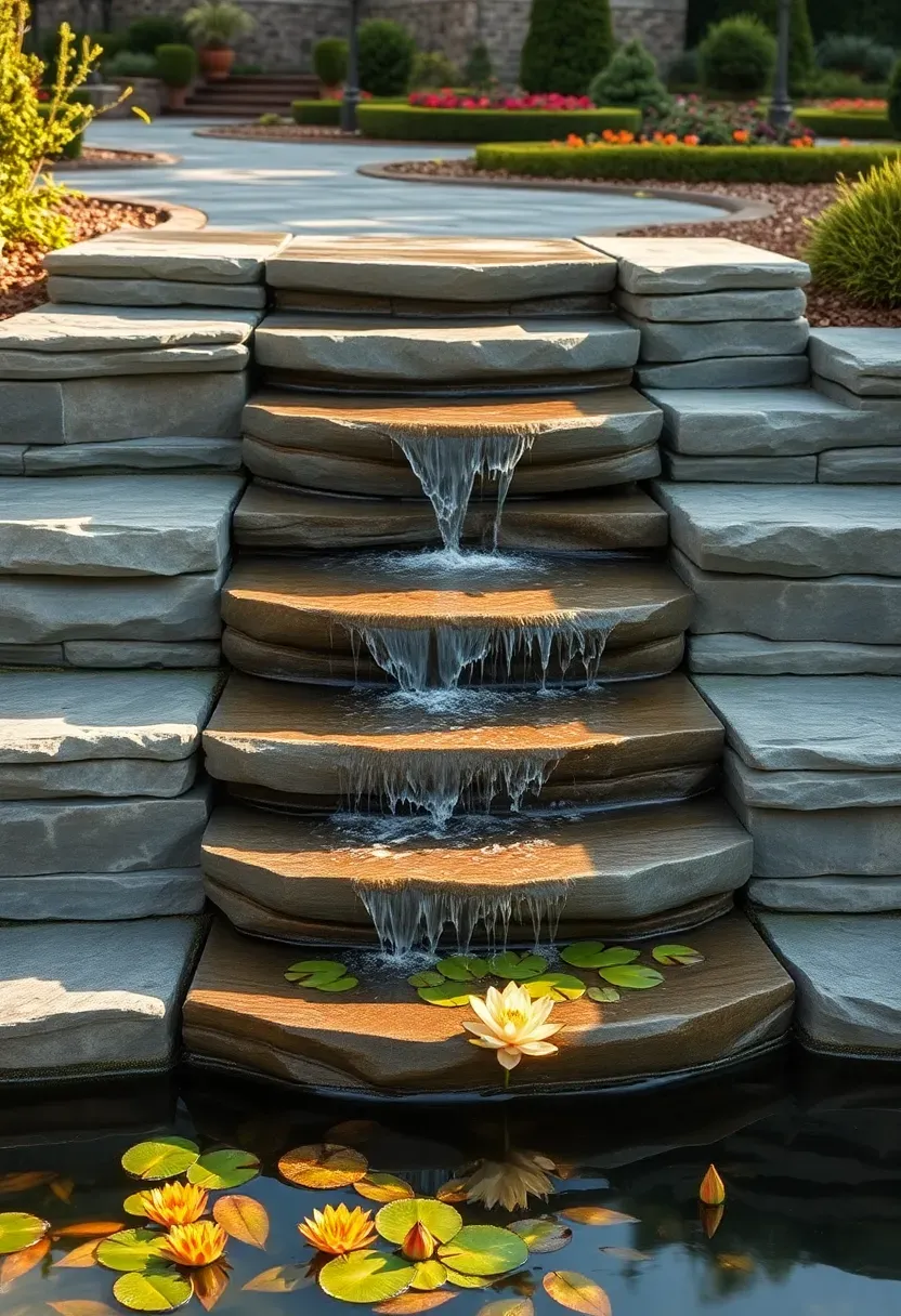 Tiered flagstone waterfall with five natural stone steps and water flowing over each level into a shallow garden pond
