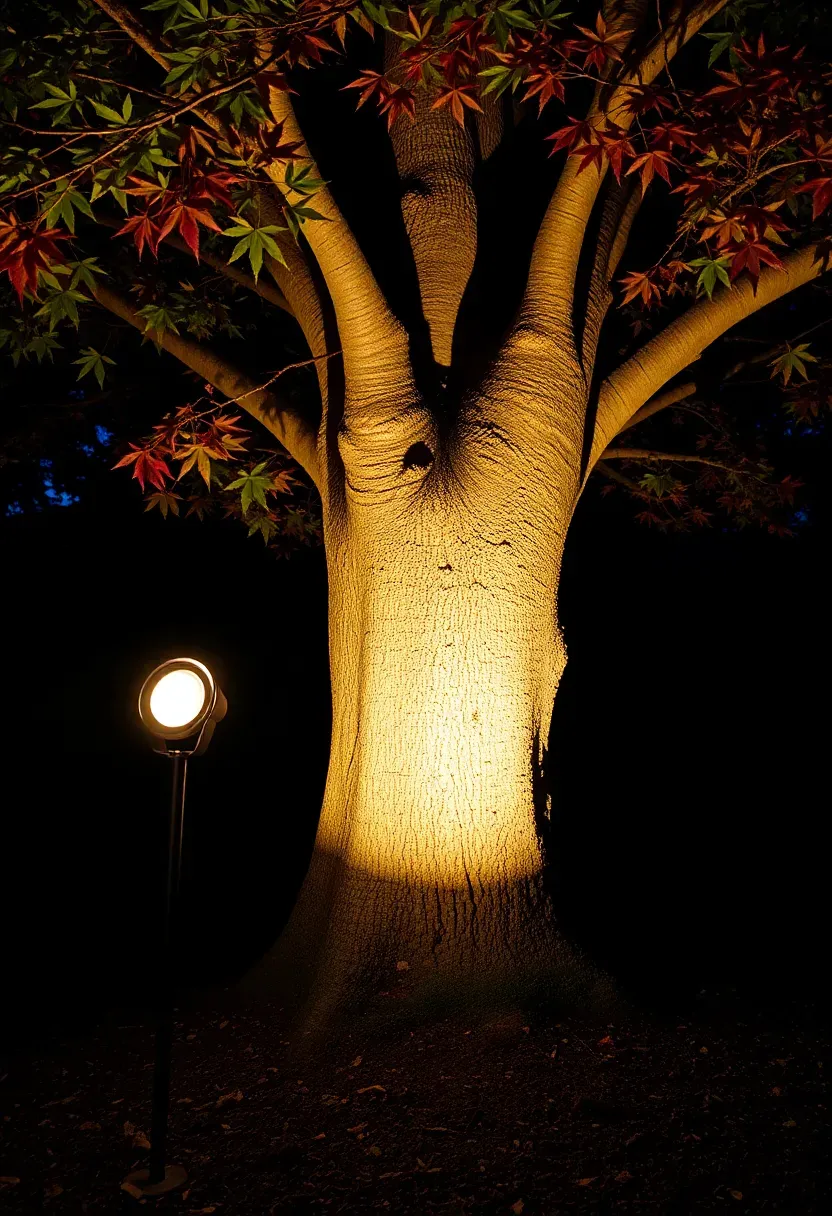 Two low-voltage spotlights on ground spikes aimed upward at a large backyard maple tree creating dramatic uplighting against a dark sky