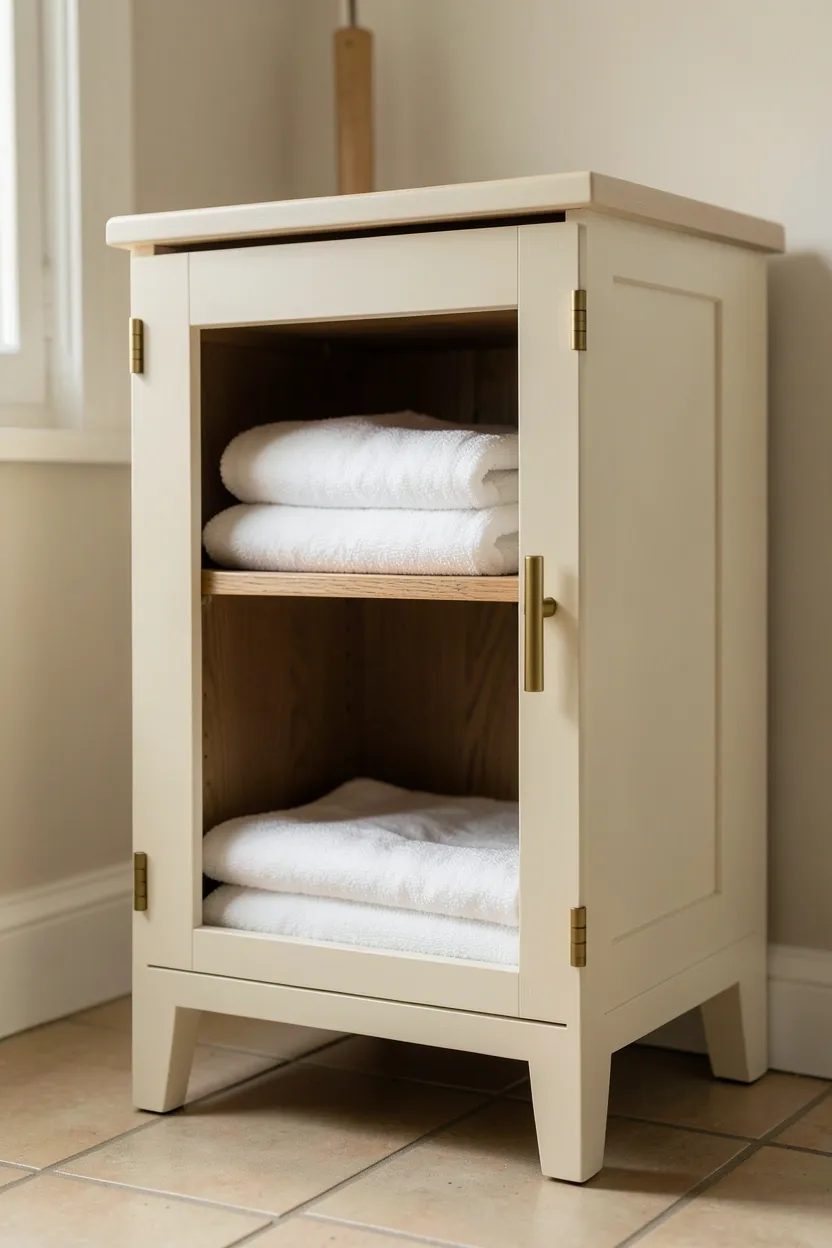 Cream shaker style storage cabinet with brass handles in a compact British rental bathroom