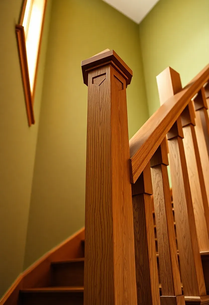 Craftsman staircase with quarter-sawn oak newel posts, square balusters, and simple geometric details