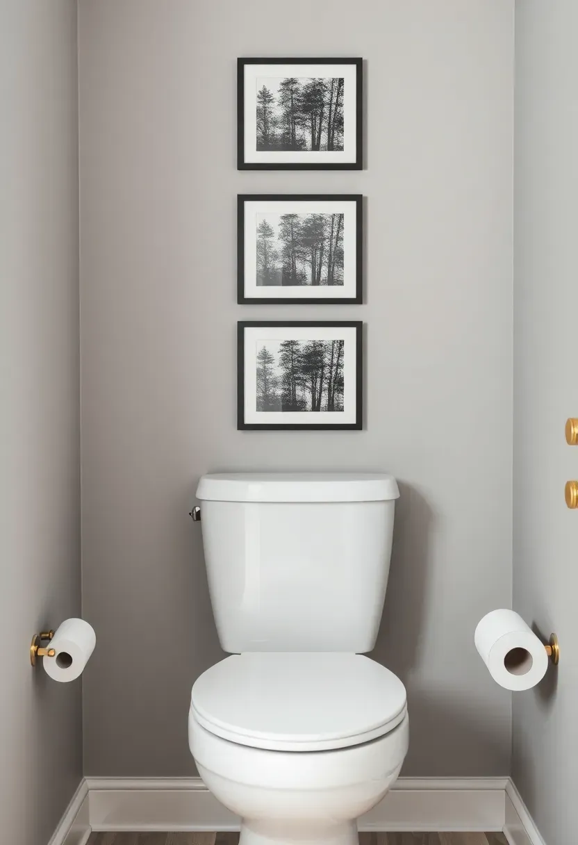 Three small black framed nature photographs stacked vertically above a white toilet with chrome flush handle and a wood toilet roll holder
