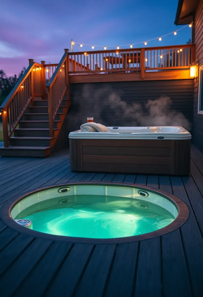 Lower deck platform holding a built-in hot tub flush with the deck surface connected by steps to a higher entertaining deck level at dusk with warm lighting