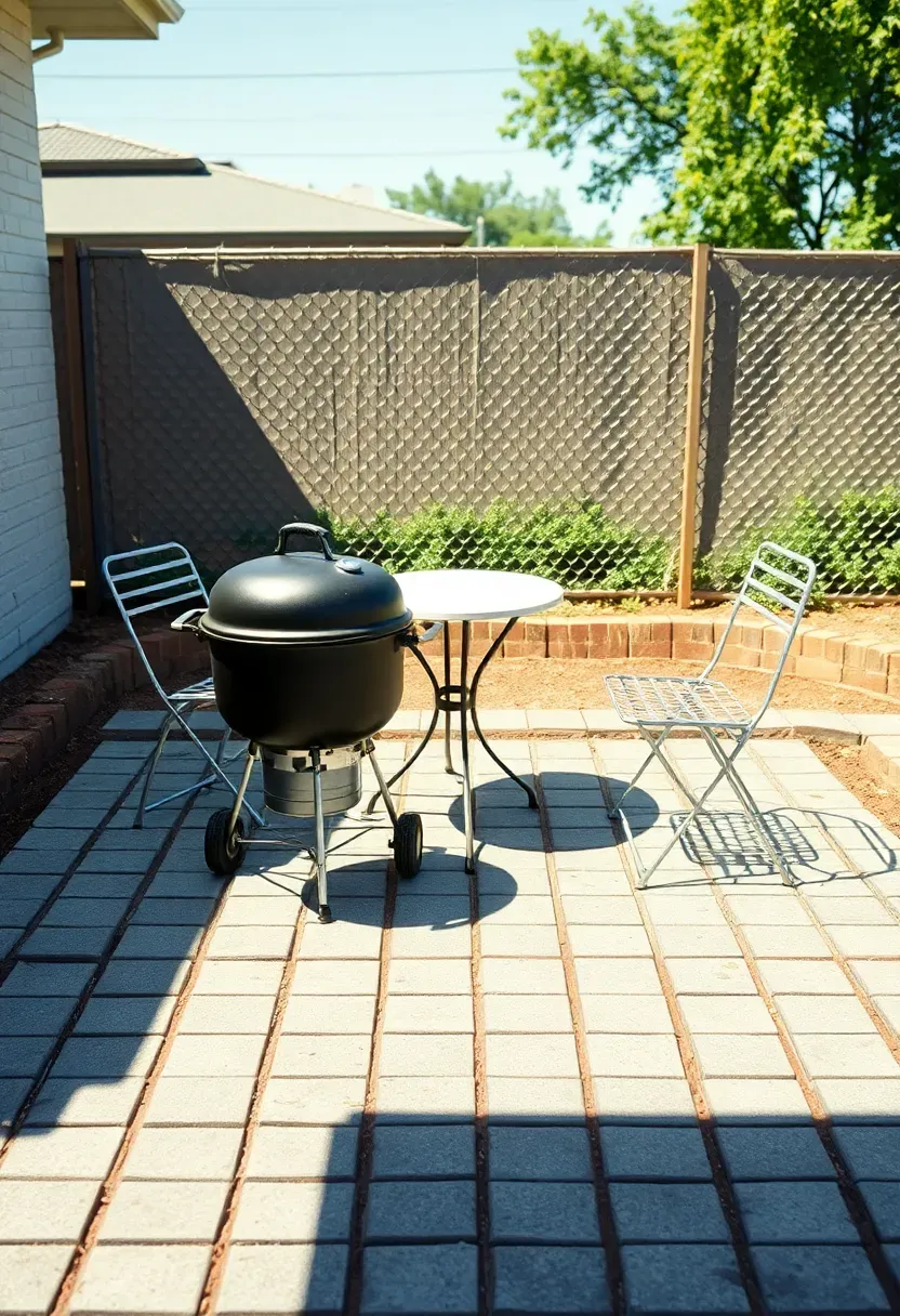 Basic rectangular concrete paver patio in a modest suburban backyard with a barbecue grill and folding chairs on a budget setup