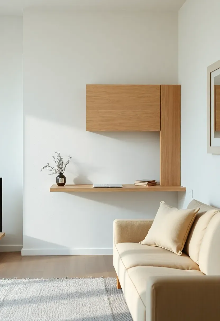 Hyper-realistic 3/4 view of minimalist Japandi living room with wall-mounted fold-down desk in light oak, closed position appearing as shallow cabinet, low sofa nearby, minimal decor. Materials: warm white walls, light oak desk cabinet, beige linen sofa, gray wool rug. Soft natural daylight, subtle shadows showing cabinet depth, clean and uncluttered atmosphere. Sharp wood grain details, clean composition with negative space, no visible office equipment, no text, no logos.</p>
