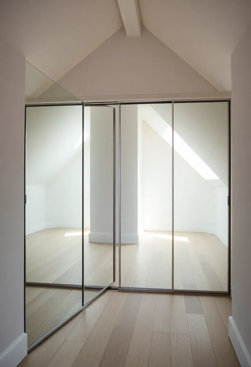 attic closet with floor-to-ceiling mirrored sliding doors reflecting the room and making the space feel larger
