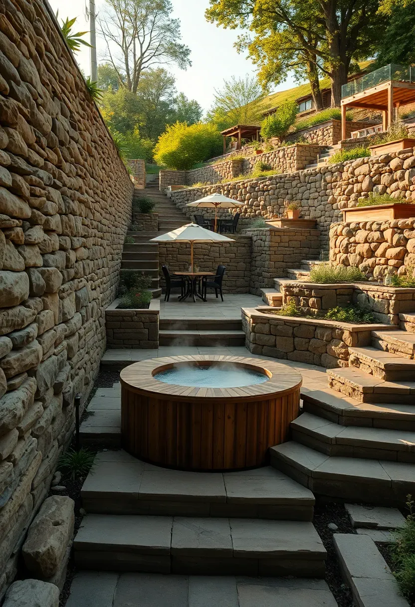 Steeply sloped backyard with three wide terraces connected by stone steps with a hot tub on the lowest level and dining on the middle level and garden beds on top