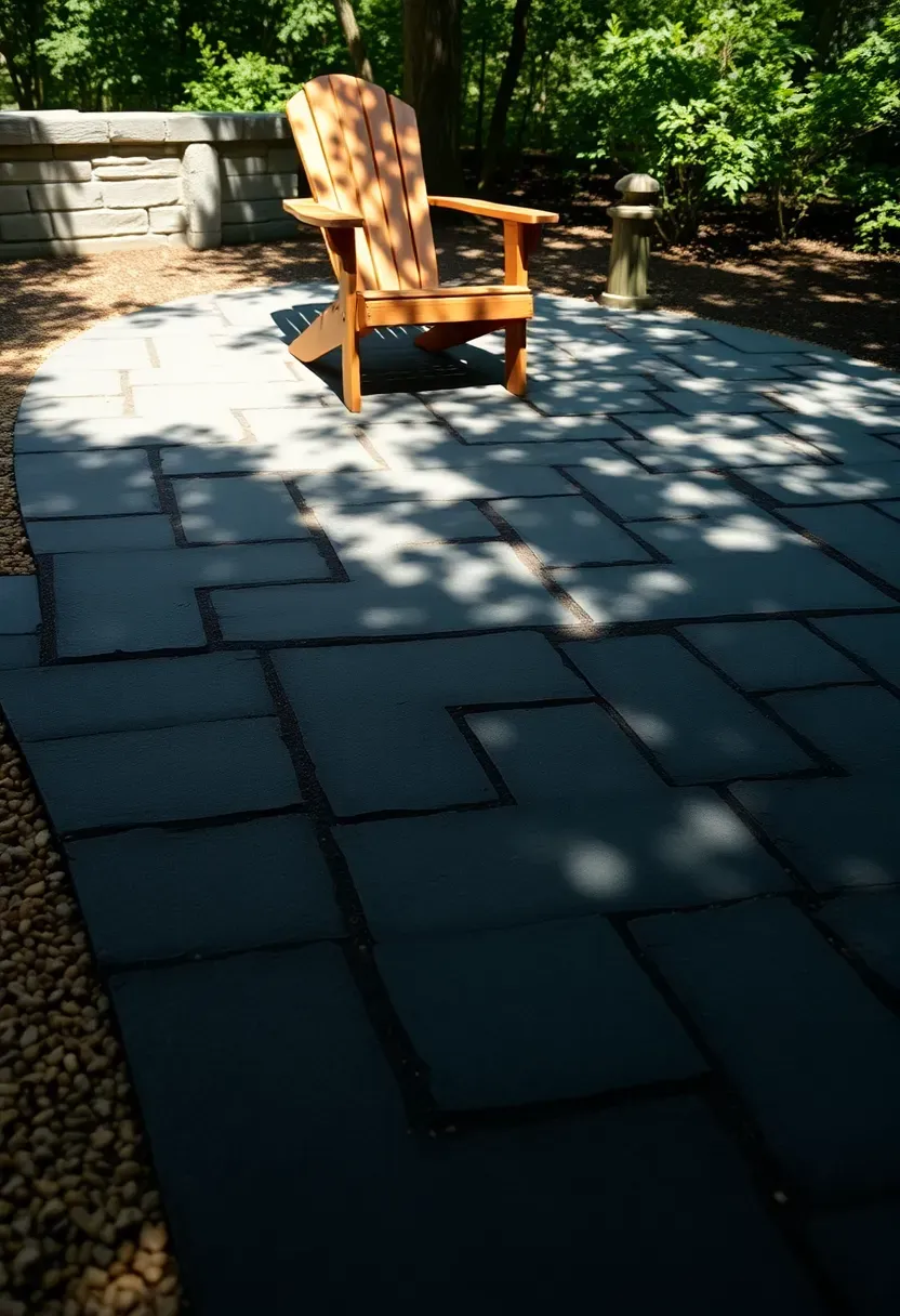 Irregular flagstone pavers with pea gravel filling the joints on a shaded backyard patio