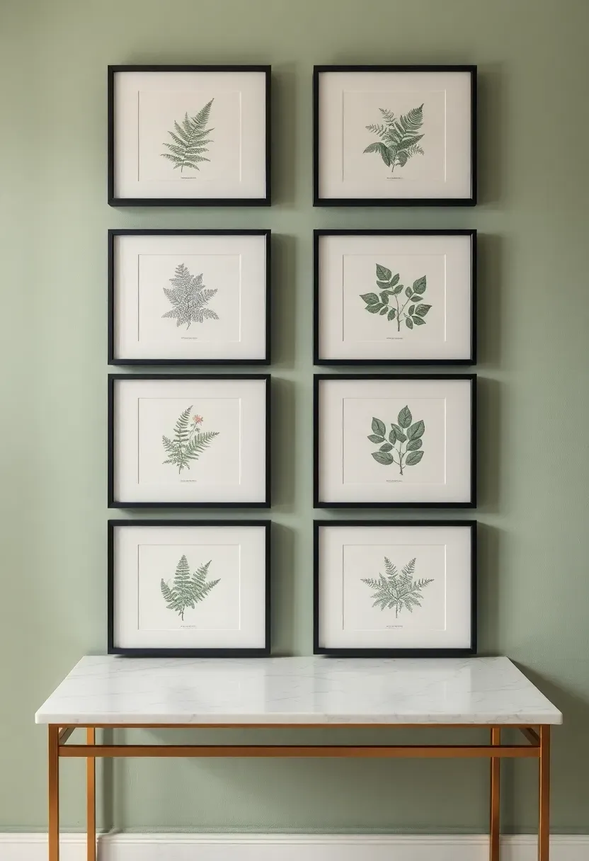 grid of six framed botanical prints in matching black frames on a light green wall