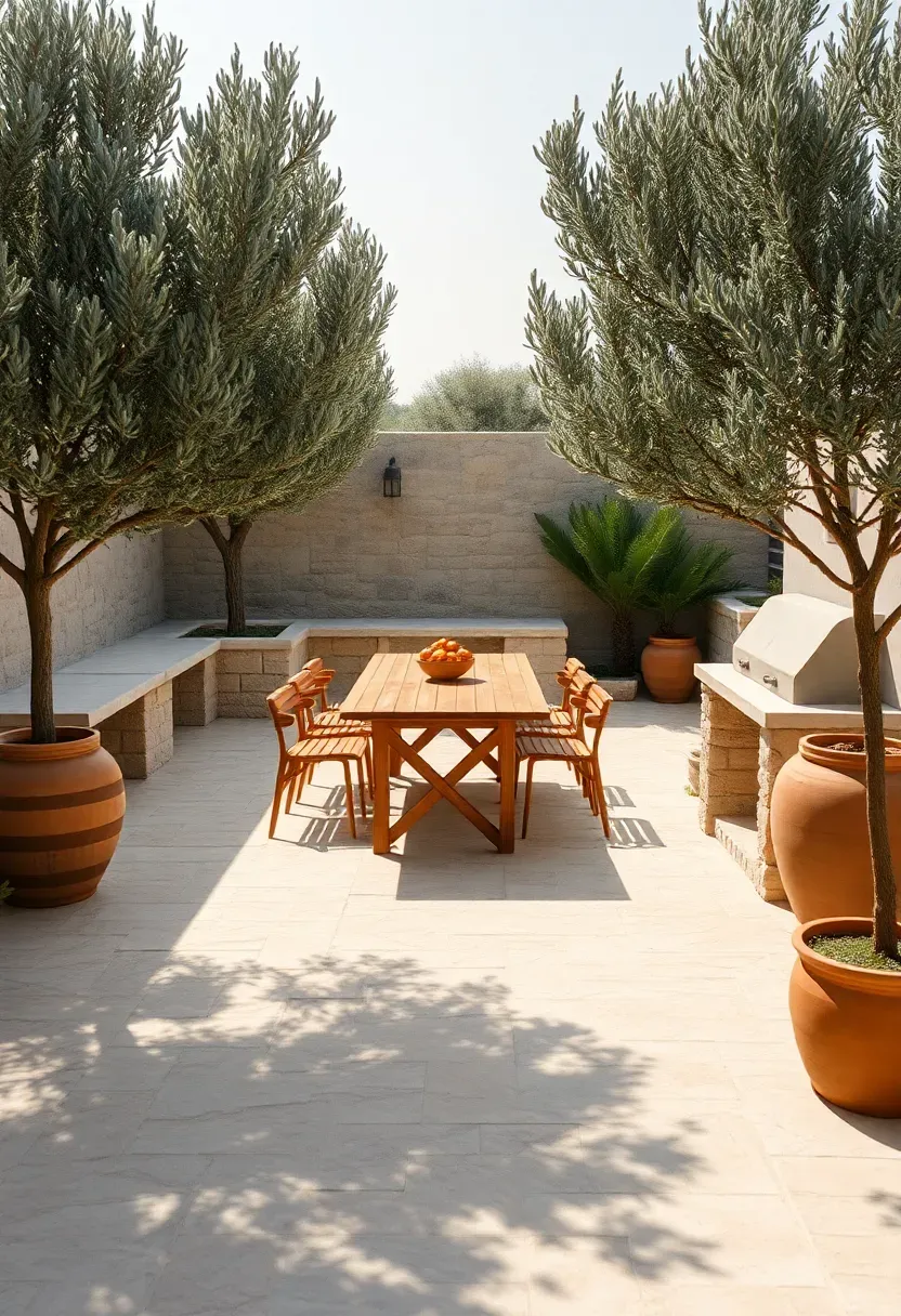 A crushed limestone terrace with outdoor dining furniture, a built-in stone grill, and terracotta planters with olive trees, bathed in warm Mediterranean sunlight
