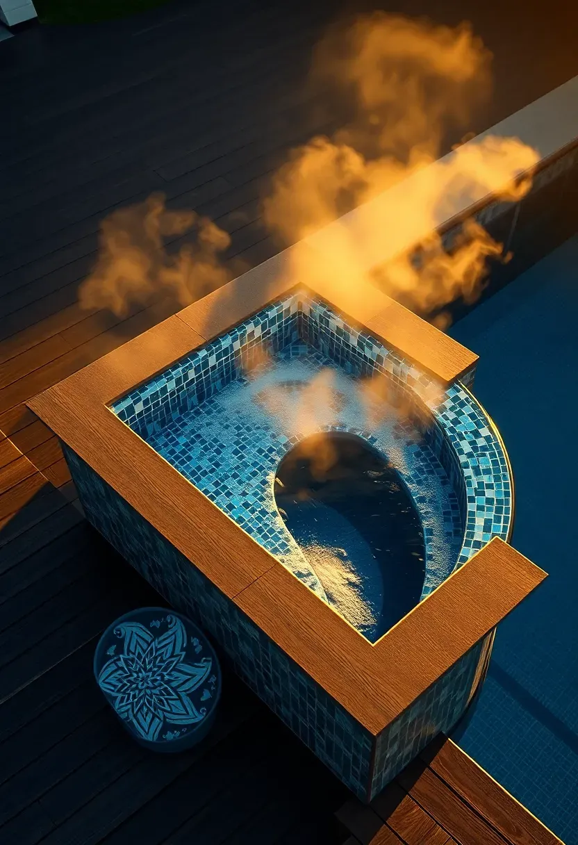 Hyper-realistic 3/4 view of above-ground pool with adjacent elevated spa/hot tub section integrated into deck design, featuring water spillway from spa into main pool. Materials: dark composite decking, spa with mosaic tile interior in blue and white geometric pattern, main pool with dark blue interior, brushed metal framework, spa cover visible rolled to side. Late afternoon golden light from right, creating warm reflections on water surfaces and casting long shadows. Luxury wellness mood showing pool as complete aquatic facility. Spa water with steam visible, main pool water in deeper blue. Visible spillway water cascading from spa into pool. Clean composition showing relationship between spa and main pool. No text, no logos, no watermarks.</p>