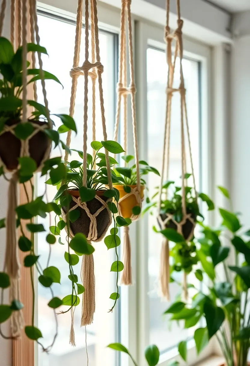 Handmade cotton macramé plant hangers with trailing pothos near a sunny teen bedroom window — bohemian DIY decor