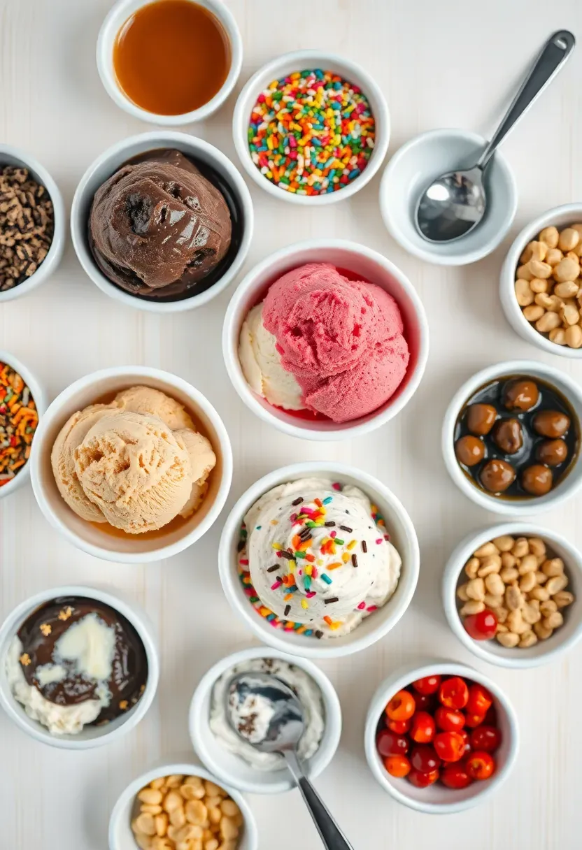 colorful ice cream sundae station with multiple ice cream flavors in white bowls surrounded by toppings like sprinkles hot fudge whipped cream and cherries
