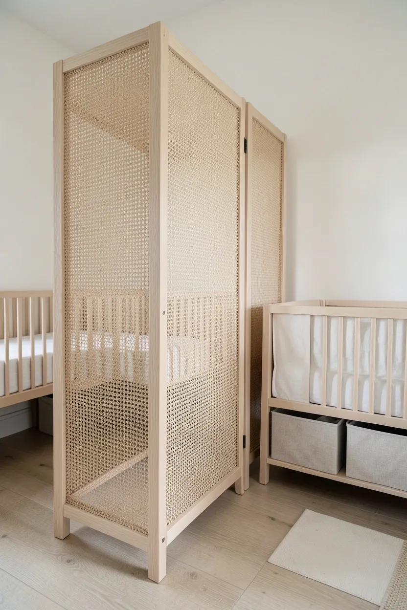 Scandinavian-style nursery corner with light birch wood bassinet, white storage baskets, and sheepskin throw in a bright master bedroom