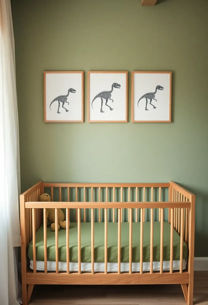 dinosaur themed boy nursery with green walls fossil prints and playful dino plush toys
