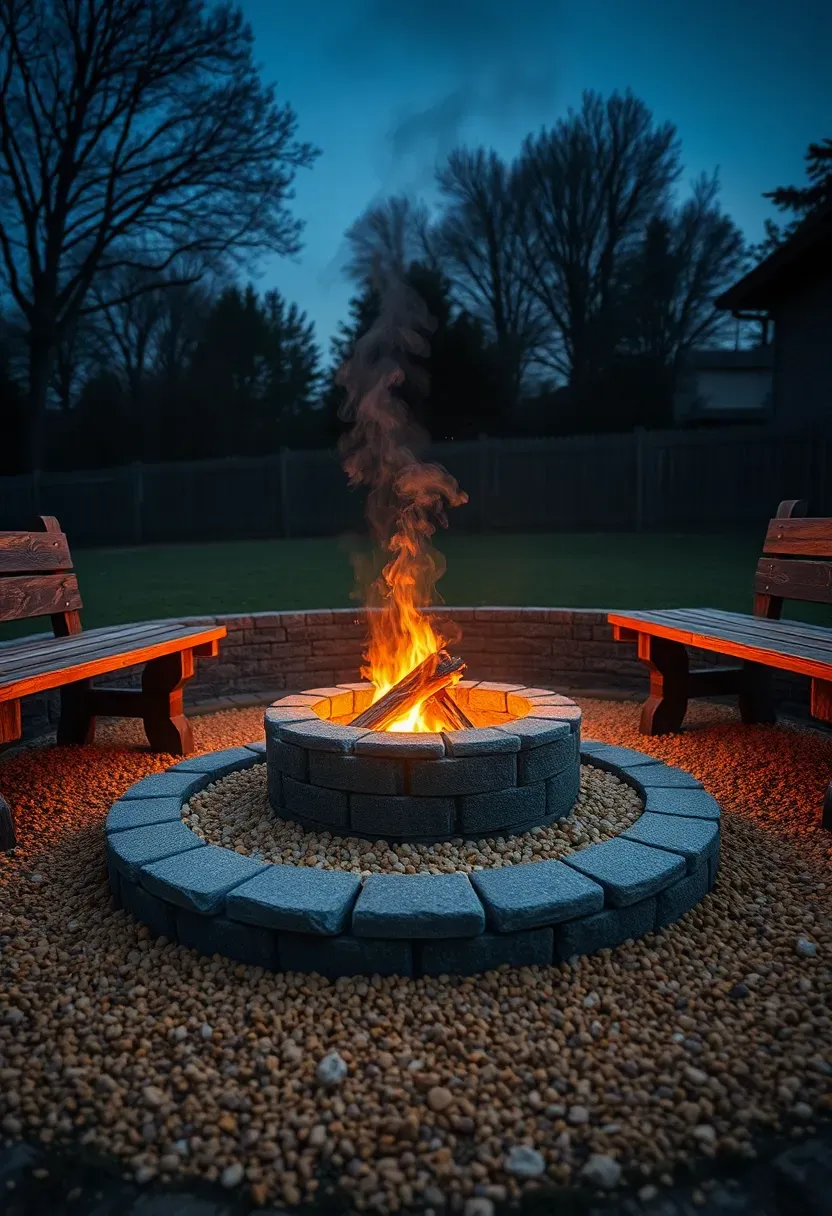 Circular stone fire pit surrounded by gravel with log seating in a cozy backyard evening setting