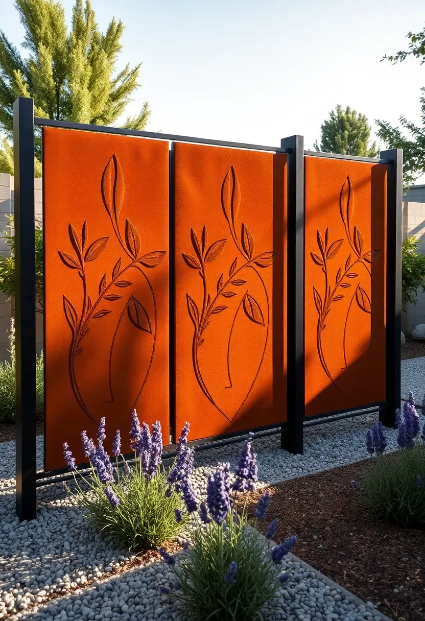 Three Corten steel privacy panels with laser-cut geometric patterns showing a warm rust patina in a modern backyard garden