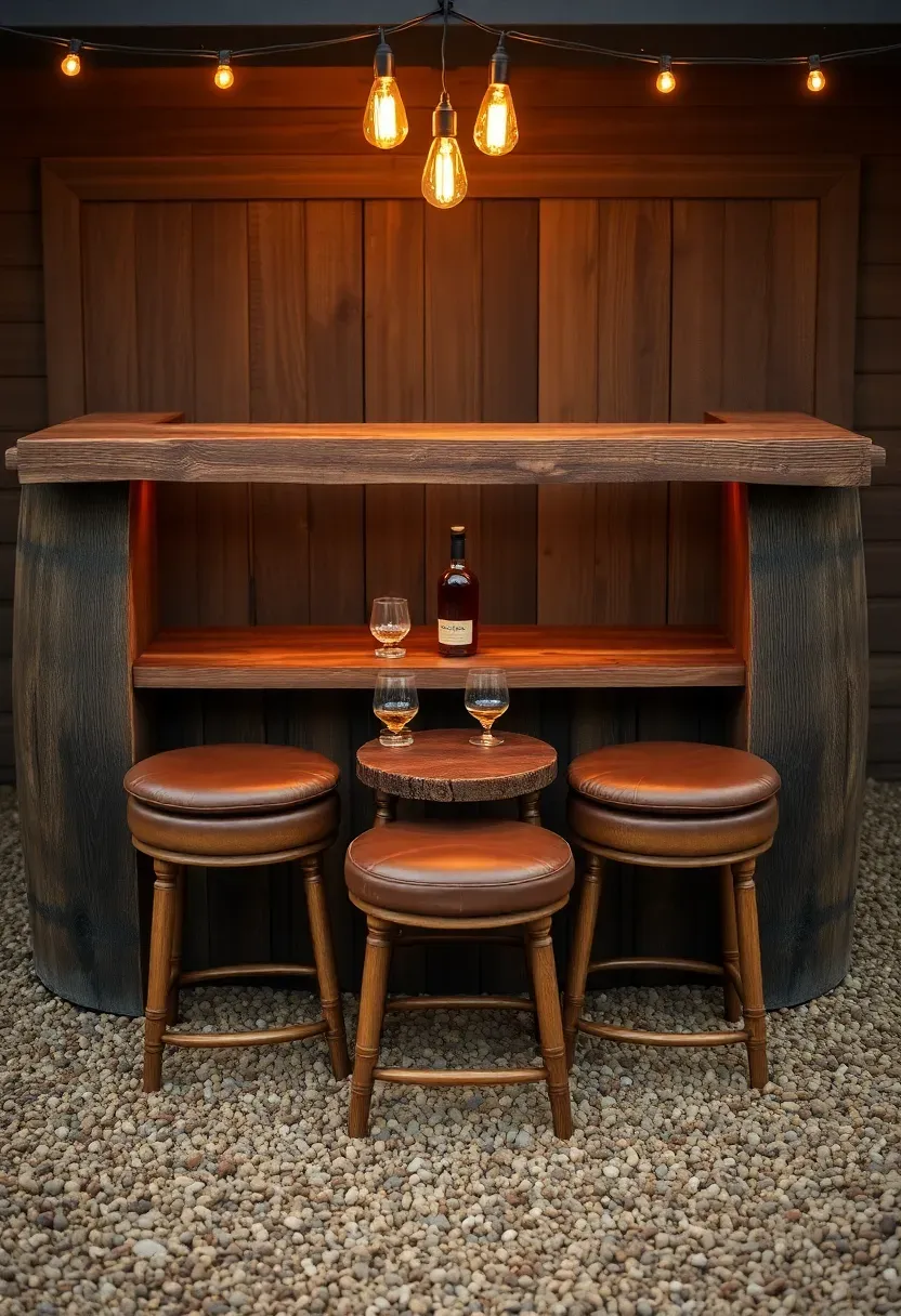 Two whiskey barrel halves supporting a thick wooden plank bar top, leather-topped stools, warm ambient lighting, and a gravel patio area