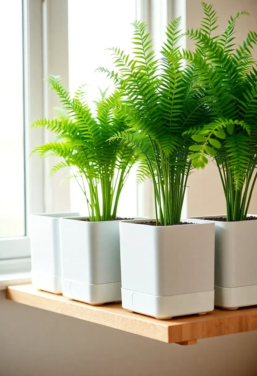 Row of modern white self-watering planters on a sunroom shelf holding green pothos and ferns with a clean contemporary look and bright window light behind