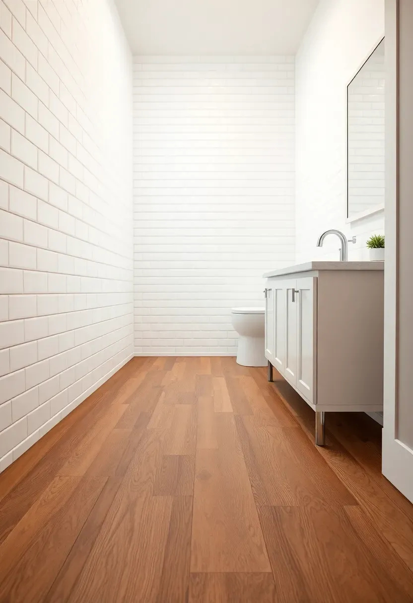 Bathroom floor with wood-look porcelain plank tiles in a warm walnut tone running lengthwise to elongate the space white subway tile walls
