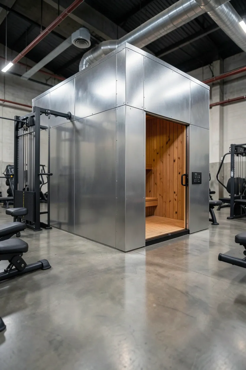 Industrial loft gym with brushed stainless steel sauna exterior, exposed brick walls, polished concrete floor, and raw steel equipment in matte black