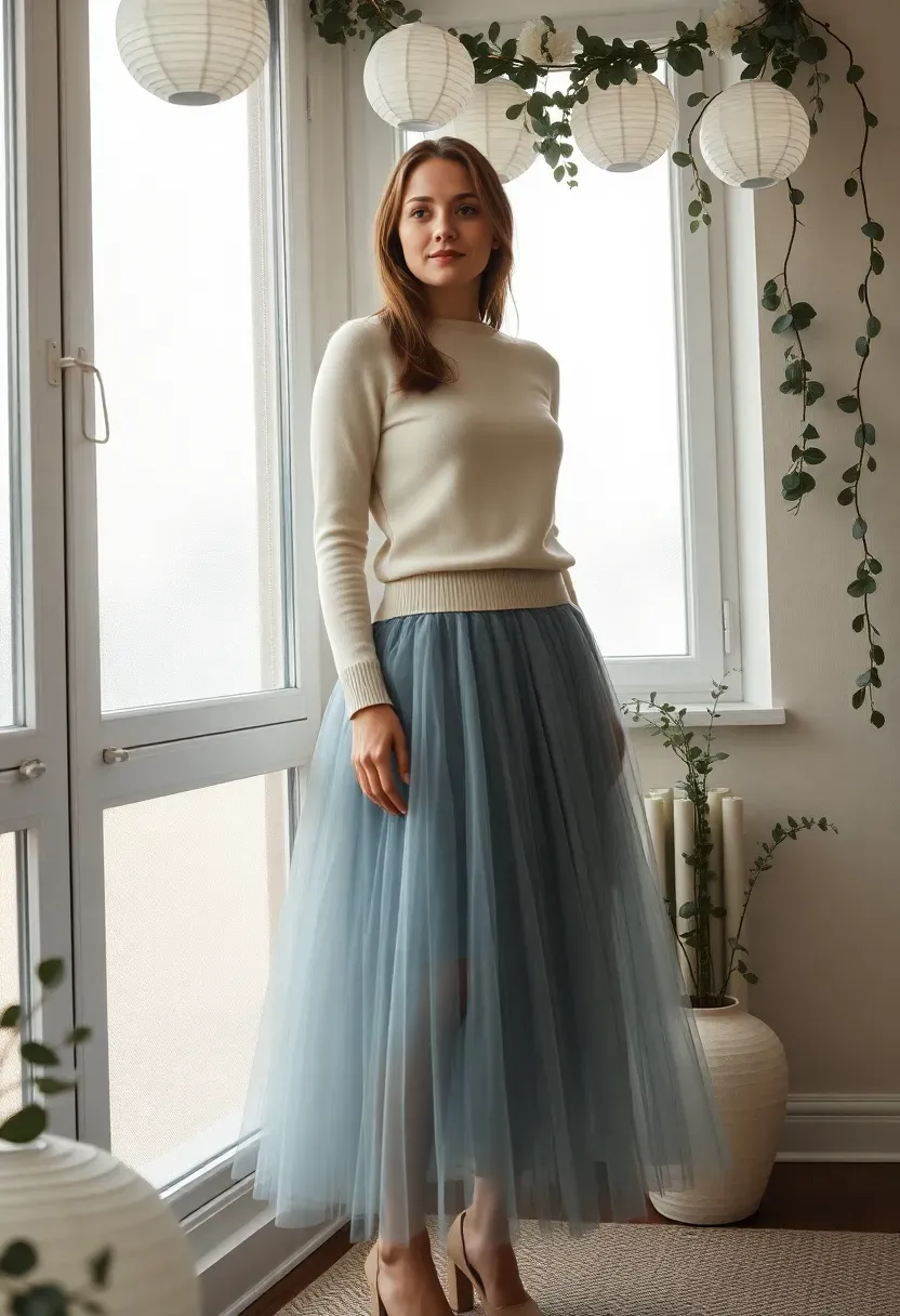 guest wearing a tulle midi skirt with a cosy cream pullover sweater at a winter baby shower