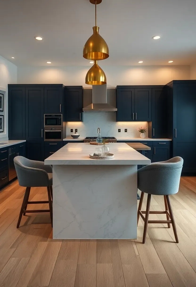 Basement kitchen featuring a large center island with waterfall quartz edges, bar seating on one side, and pendant lighting overhead