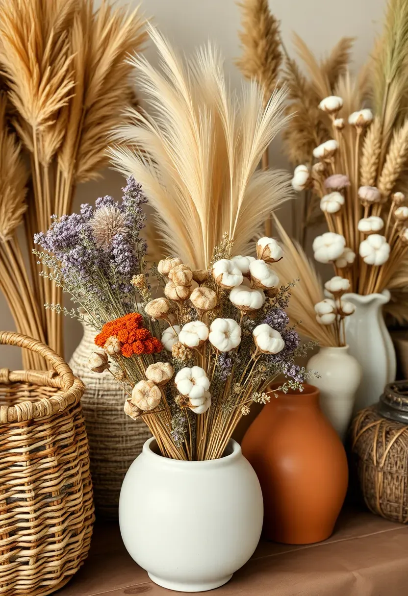 Dried and preserved flower bar with pampas grass, dried lavender, strawflowers, and lotus pods in woven baskets