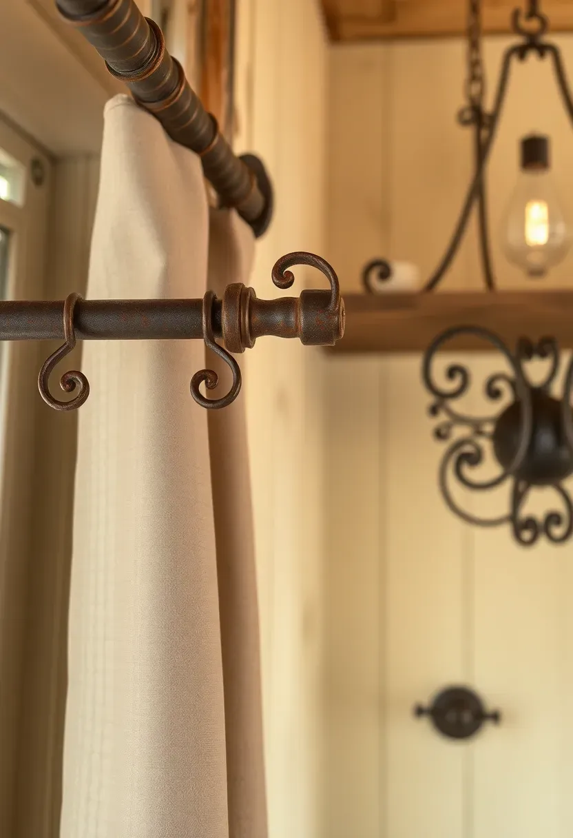 Hyper-realistic detail shot showing wrought iron elements in rustic tiny house. Iron curtain rod with rusted patina, scroll-bracket shelf supports, iron pendant light fixture, iron cabinet pulls. All against reclaimed wood surfaces. Materials: wrought iron with natural rust, aged barn wood, cream walls. Warm ambient light highlighting iron scrollwork and patina. Shallow depth of field showing iron details and rust texture. Authentic wrought iron hardware mood.</p>