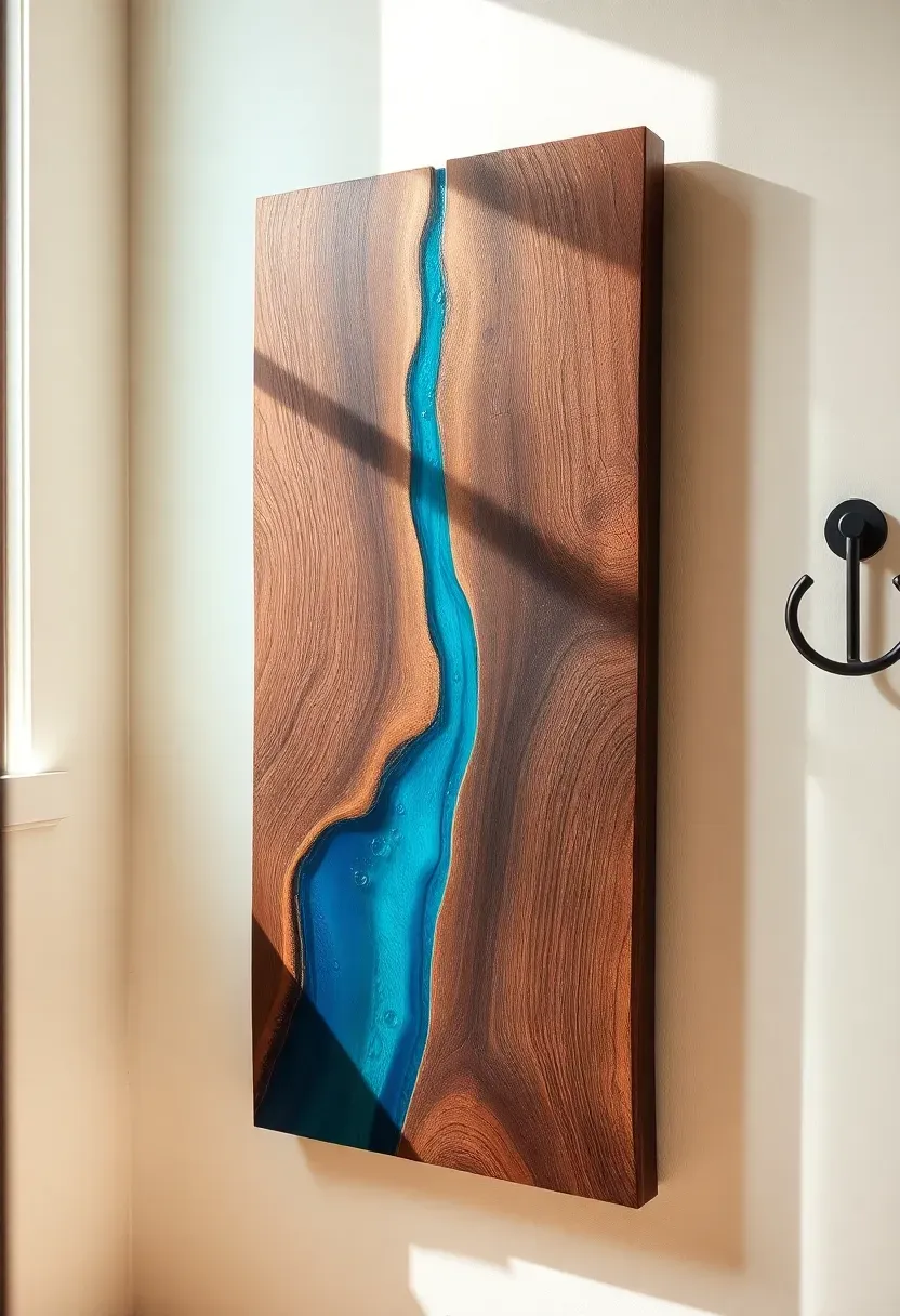 Blue and teal epoxy river art board with live edge walnut wood creating a flowing water effect mounted in a bathroom