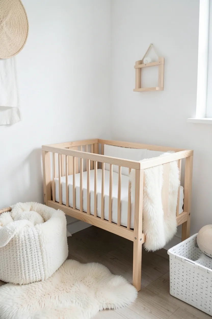Dual-purpose nursery corner with convertible bassinet that transforms into a small daybed positioned in a sunlit master bedroom corner