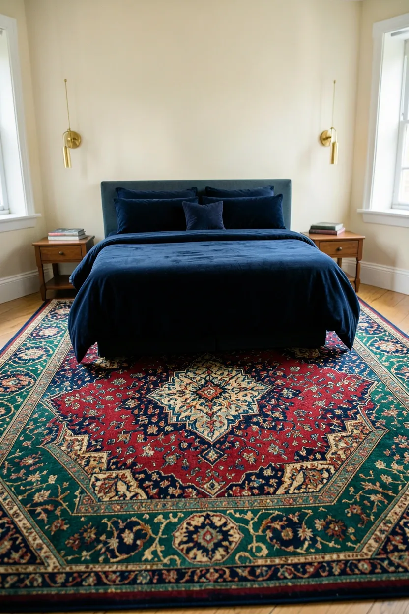 Hyper-realistic slightly elevated perspective photograph of a maximalist bedroom showing a large Persian-style rug with intricate central medallion pattern in deep red, navy, and gold, featuring wide vibrant border in emerald green and gold. The rug extends beyond the bed on all sides, with bed centered on the rug. Materials: wool Persian rug, velvet navy duvet on bed, cream walls, brass light fixtures. Natural light from windows illuminating rug pattern details and colors. Coherent mood: rich and traditional maximalist bedroom with layered pattern and color. Shallow depth of field, sharp details on rug pattern, balanced composition showing room context. No text, no logos, no watermarks.</p>