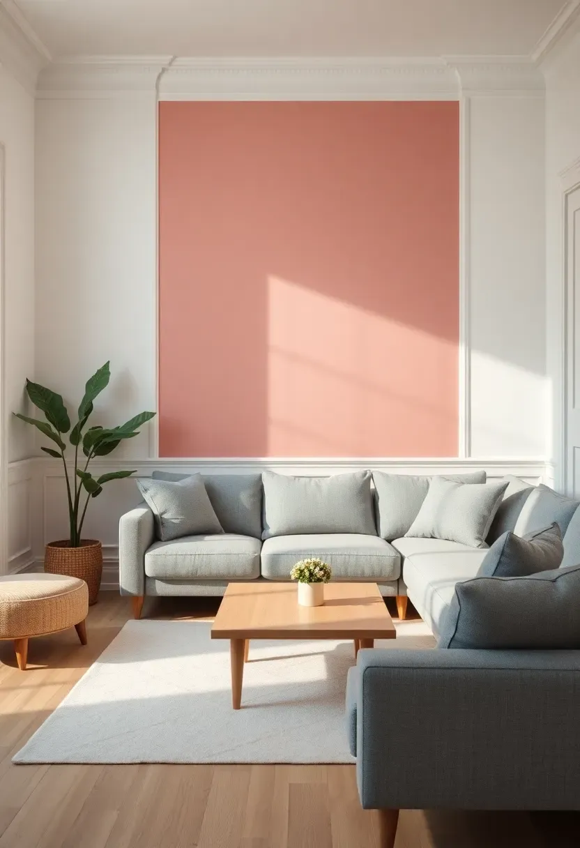 Hyper-realistic 3/4 view of a minimalist living room with soft rose accent wall, white walls elsewhere, gray sofa, oak coffee table. Materials: matte rose paint, gray fabric, white oak wood, white trim. Soft diffused light, gentle rose shadows. Shallow depth of field, welcoming minimalist composition. No text, no logos, no watermarks.</p>