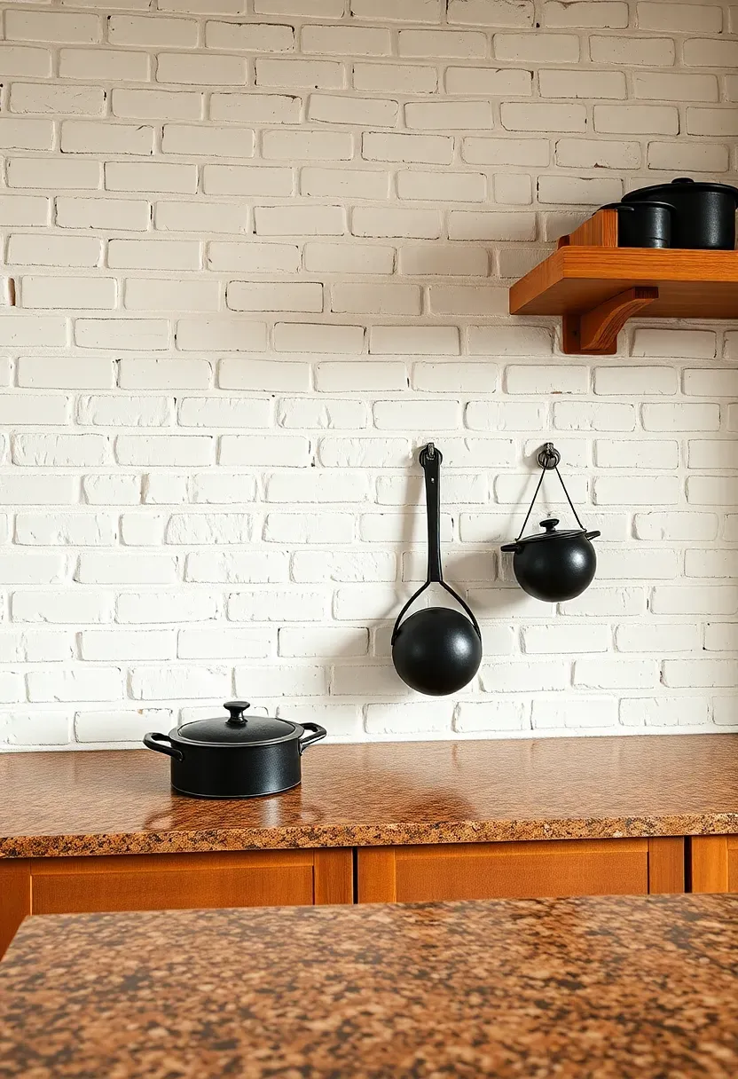 white painted brick backsplash in a farmhouse kitchen with fantasy brown granite countertops and open wood shelving