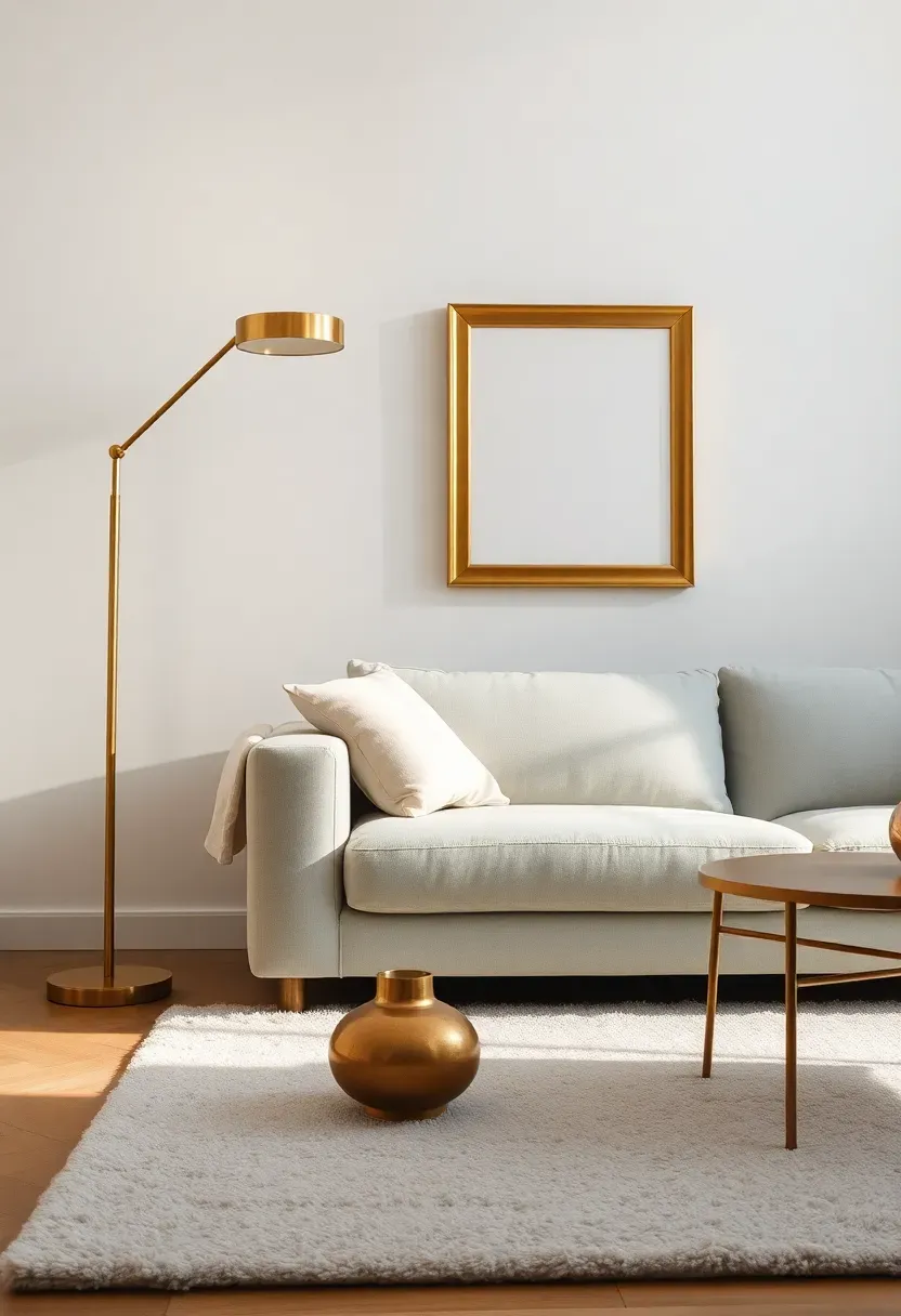 Hyper-realistic 3/4 view of minimalist living room with light gray sofa, brass floor lamp with slender stem, brass picture frame on wall, small copper vase on coffee table, white walls, light gray rug. Materials: smooth gray fabric, polished brass with visible sheen, brushed copper, white plaster, plush rug. Natural light with golden quality (4500K), soft shadows, metallic reflections creating sparkle. Glamorous minimalist mood, shallow depth of field, sharp details showing metal finishes, light-catching elements, no clutter, no text, no watermarks.</p>