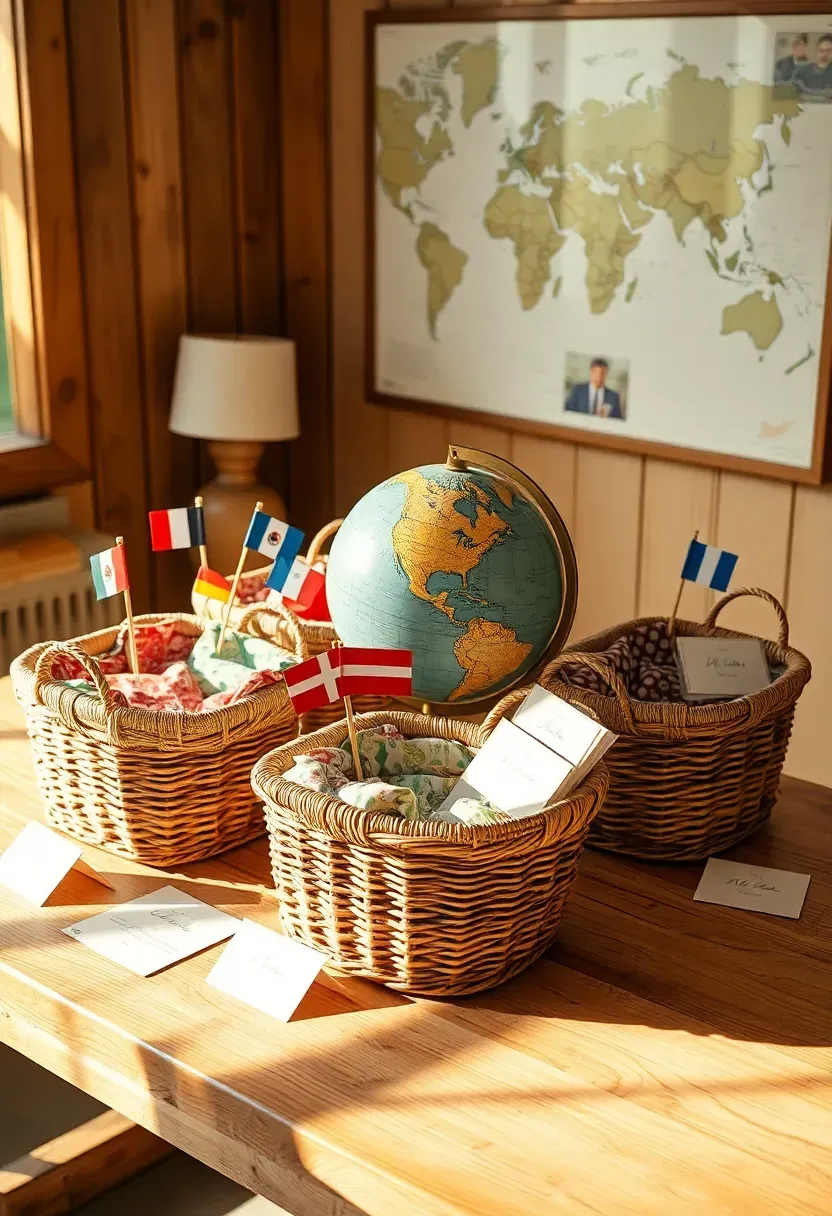 around the world baby shower gift station with baskets representing different countries and cultural items
