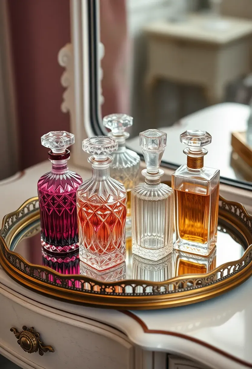 Vintage perfume bottles arranged on ornate round mirrored tray on vanity