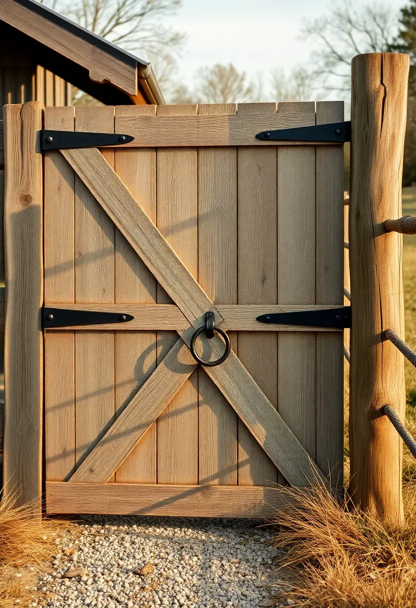 Rustic farmhouse-style barn gate made from weathered wood with X-brace pattern and black iron strap hinges
