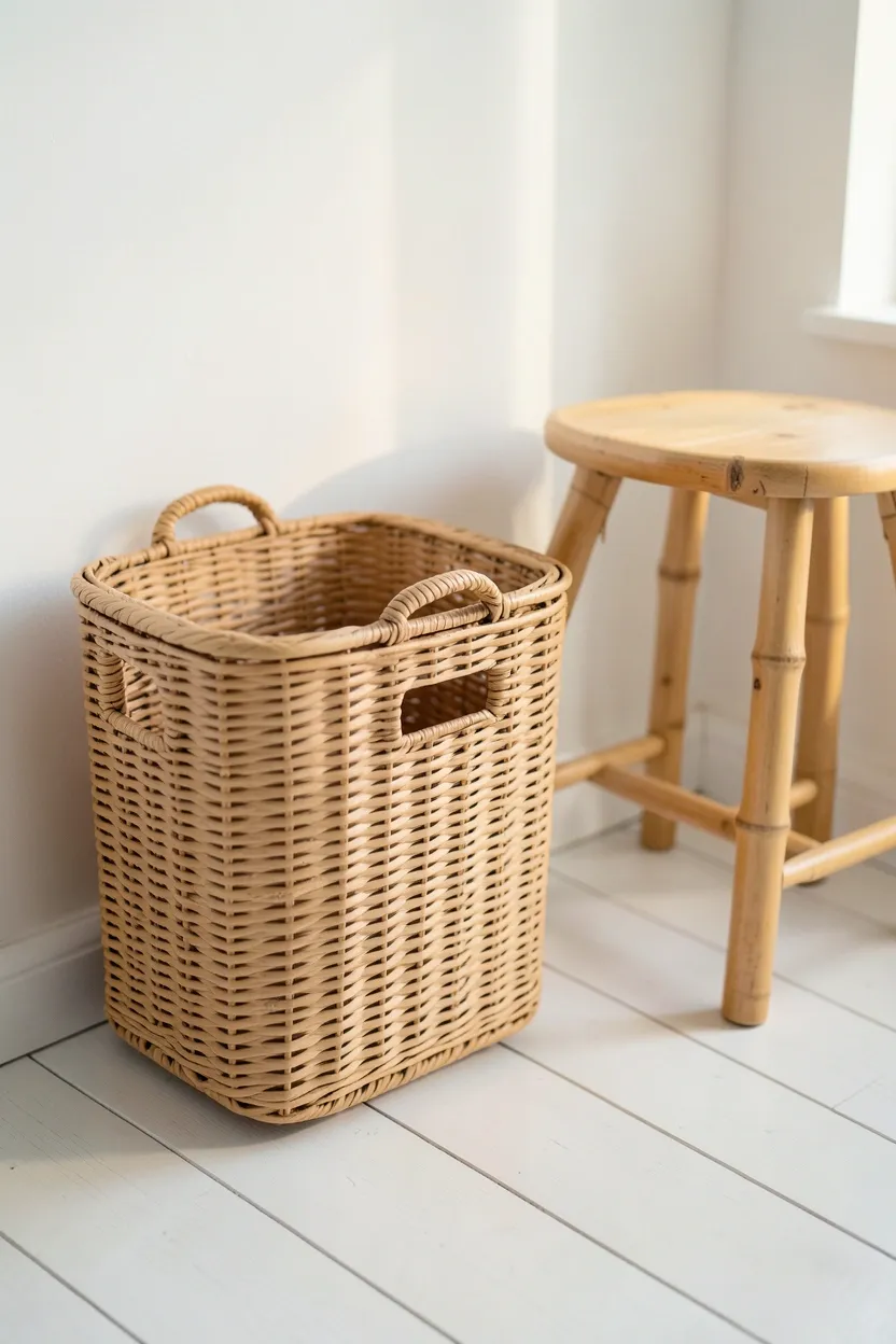 Bamboo stool and rattan basket as natural texture accents in a white Japandi bedroom