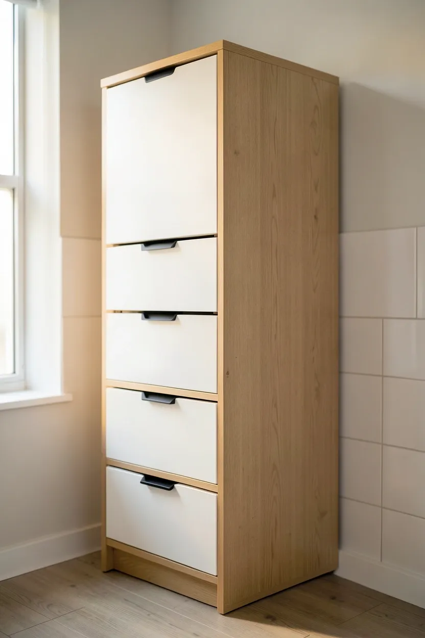 Tall narrow white storage tower cabinet beside a vanity in a small modern bathroom maximizing vertical space