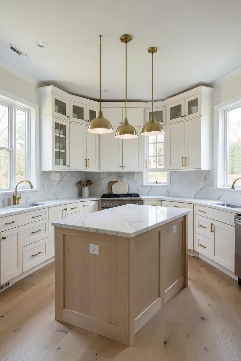 Hyper-realistic wide shot of a modern U-shaped kitchen with white oak cabinetry. White oak cabinets form U-shape along three walls with corner units maximizing storage. Large island in center of U-shape in same white oak with waterfall edge. White marble countertop throughout continuous surface. Brass hardware on all cabinet doors and drawers. Three brass pendant lights over island provide task lighting. Natural light from multiple windows illuminates workspace. Clean surfaces with efficient organization. No text, no logos, no watermarks.</p>