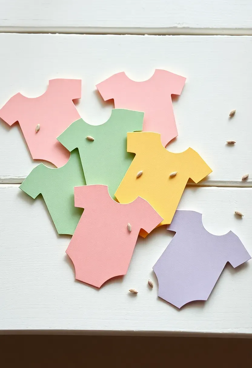 plantable seed paper cards in soft pastel colors with wildflower seeds embedded shaped like baby onesies