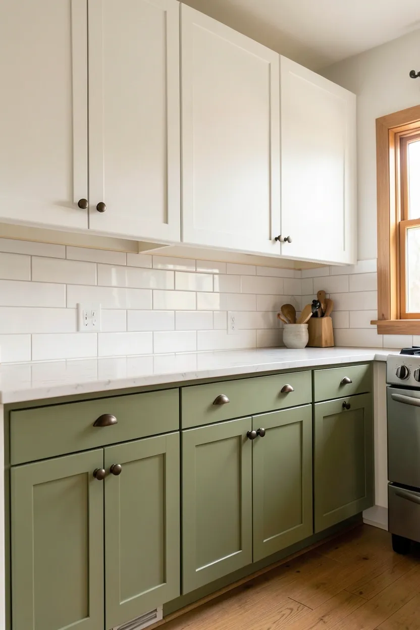 Small farmhouse kitchen with two-tone cabinets — white uppers and sage green lowers — with warm brass hardware
