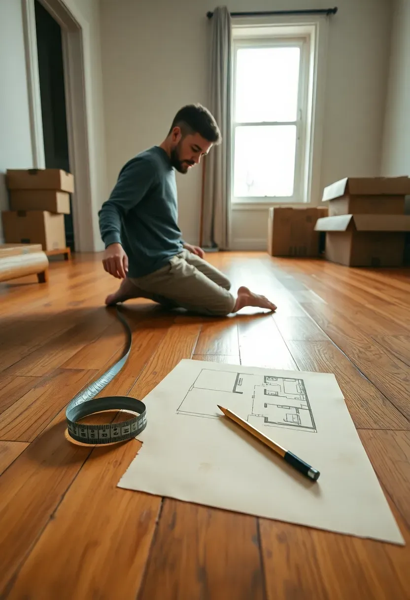 Overhead view of someone measuring a small living room with a tape measure while sketching a floor plan on graph paper beside a cleared-out space