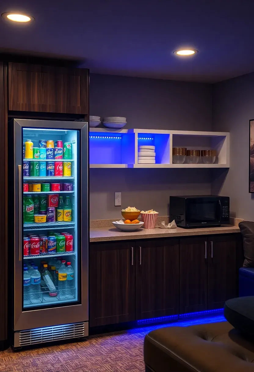 Basement game room with a kitchenette built into one wall, featuring a popcorn machine, soda fridge, snack shelving, and colorful LED accent lighting