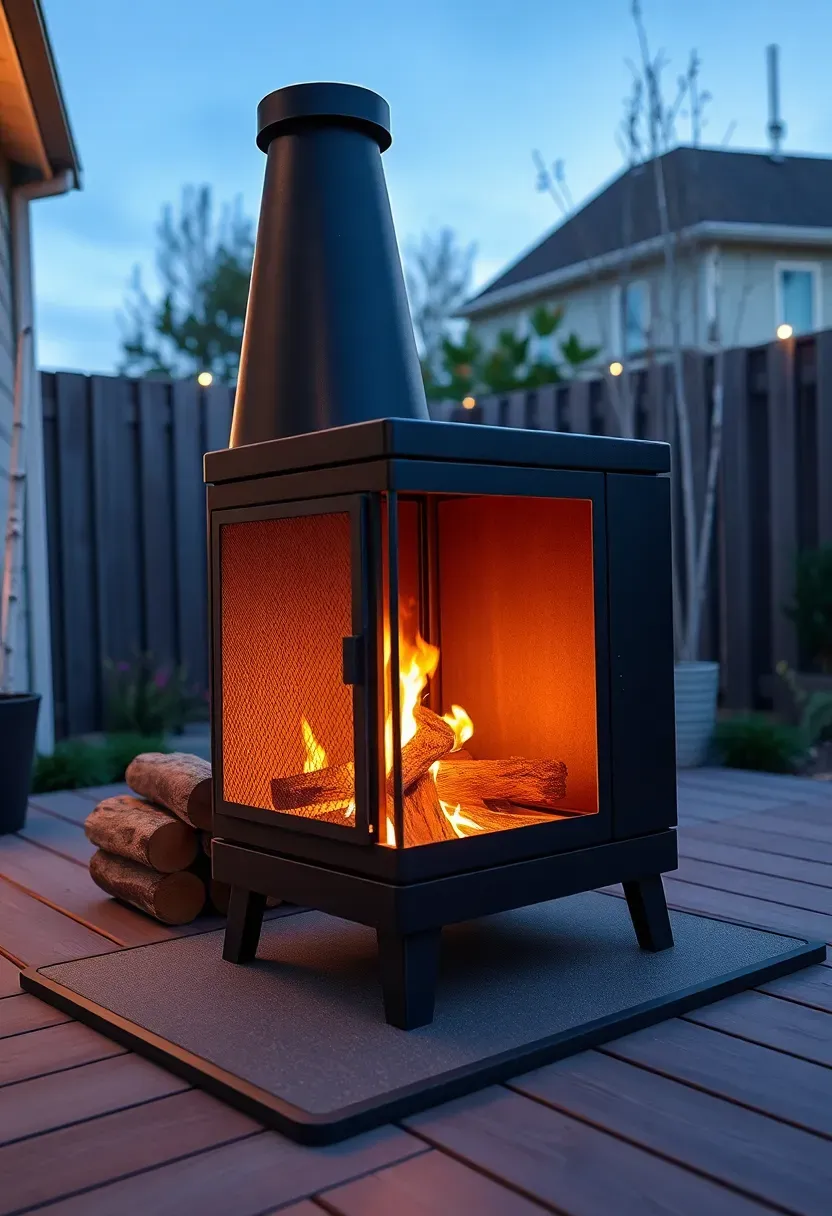 A freestanding portable black steel outdoor fireplace with a chimney on a wooden deck in a modern backyard at evening