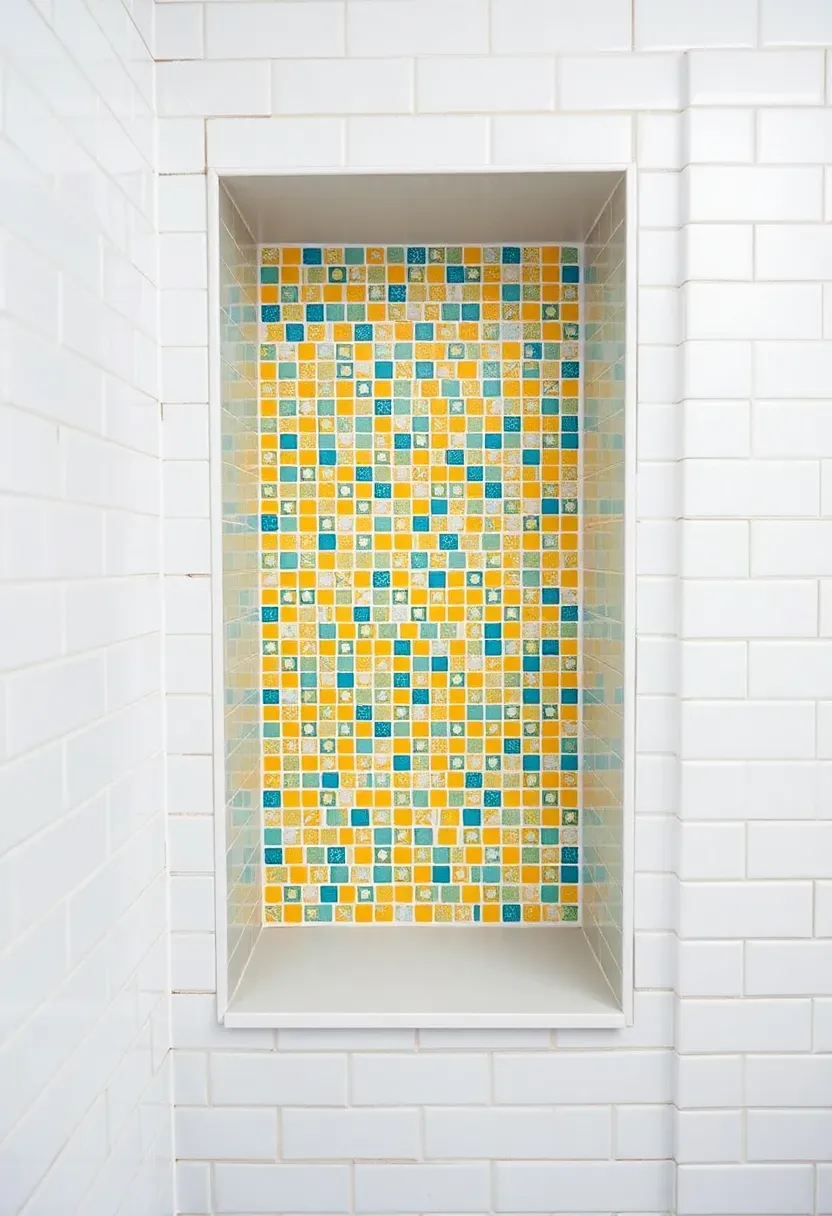 Surprise niche in shower wall with colorful tiles and decorative elements